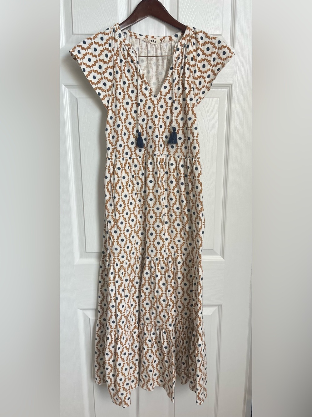 Boden Cream Maxi Skirt with Brown Print and Navy Tassels